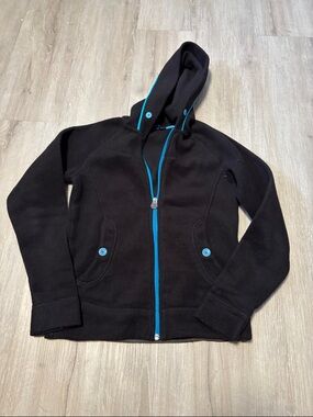 MEC Black Hooded Fleece Jacket with Blue Trim